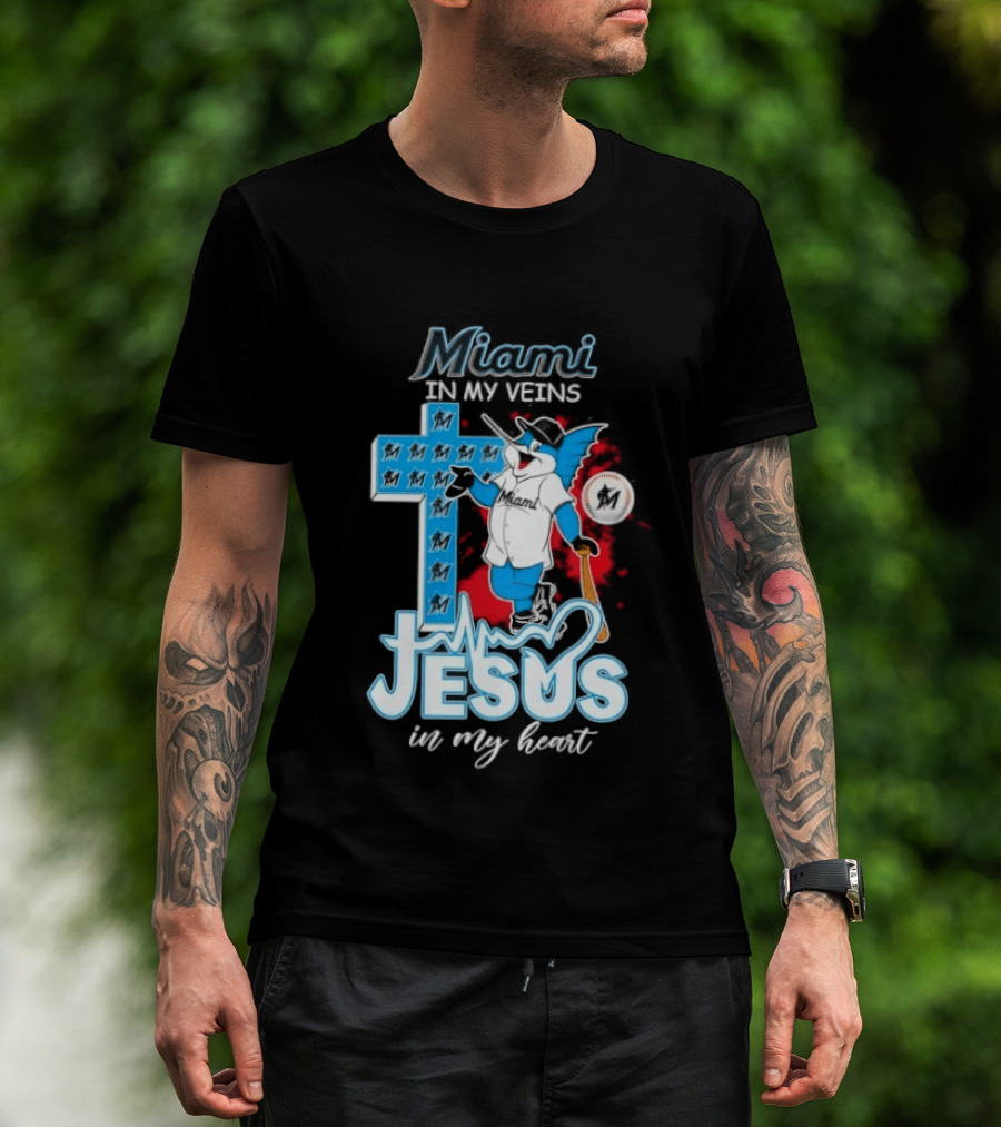 Miami Marlins In My Veins Jesus In My Heart Cross Baseball T-Shirt