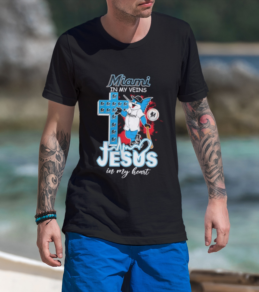 Miami Marlins In My Veins Jesus In My Heart Cross Baseball T-Shirt