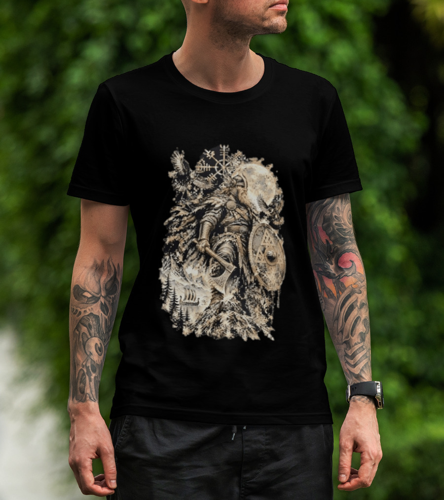 Norse God Viking Warrior Axe Valknut Symbol Raven Longship T-Shirt