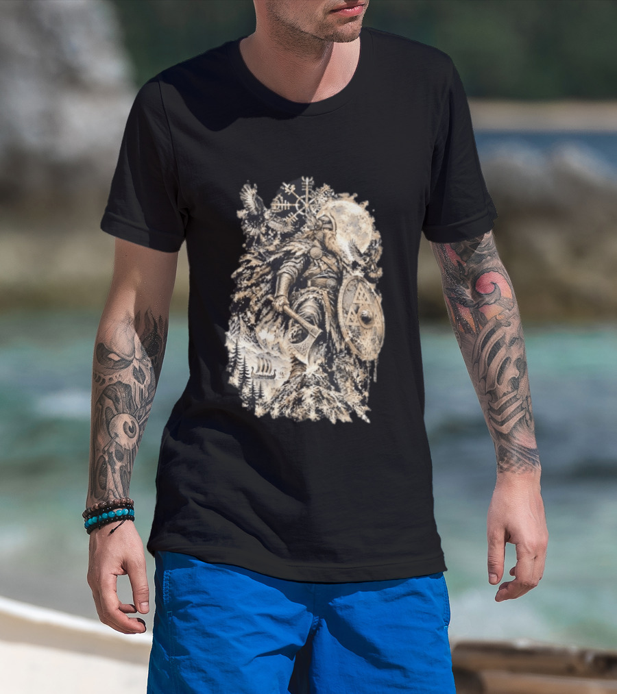 Norse God Viking Warrior Axe Valknut Symbol Raven Longship T-Shirt