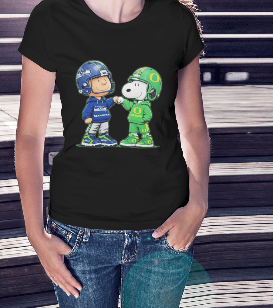 Peanuts Characters Seattle Seahawks Oregon Ducks Fist Bump Friendship Gear T-Shirt