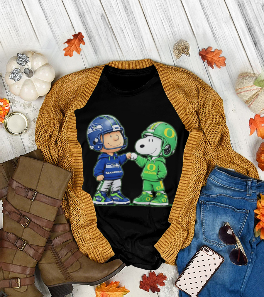Peanuts Characters Seattle Seahawks Oregon Ducks Fist Bump Friendship Gear T-Shirt