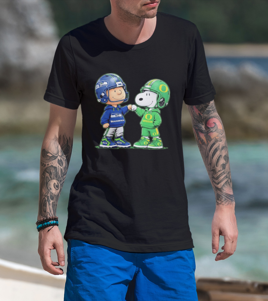 Peanuts Characters Seattle Seahawks Oregon Ducks Fist Bump Friendship Gear T-Shirt