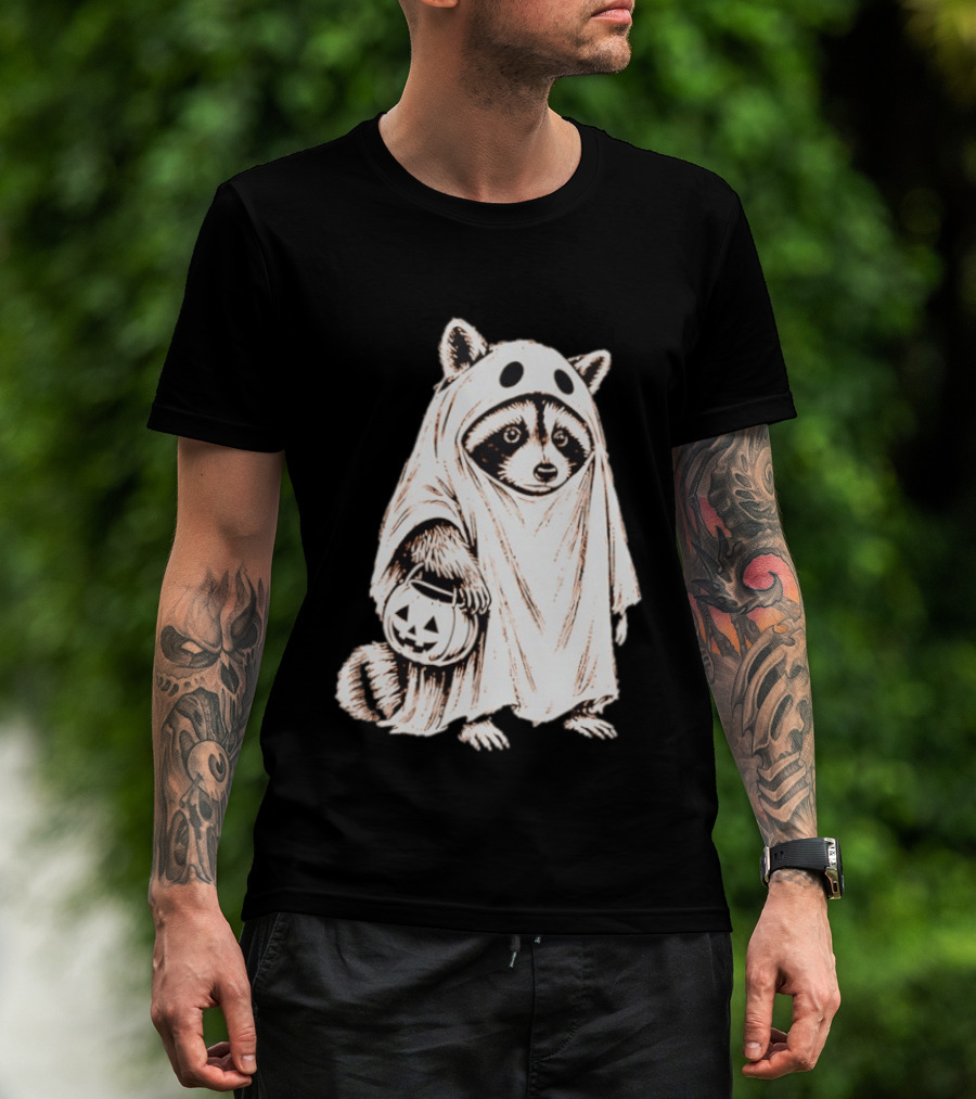 Raccoon Ghost Holding Pumpkin Bucket Halloween 2026 T-Shirt