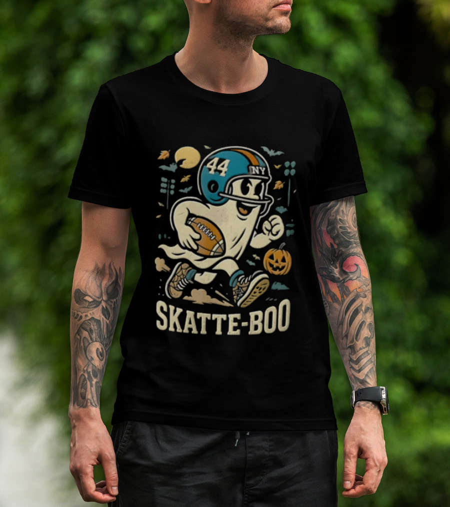 SKATTE BOO Football Helmet 44 Halloween Ghost Pumpkin T-Shirt