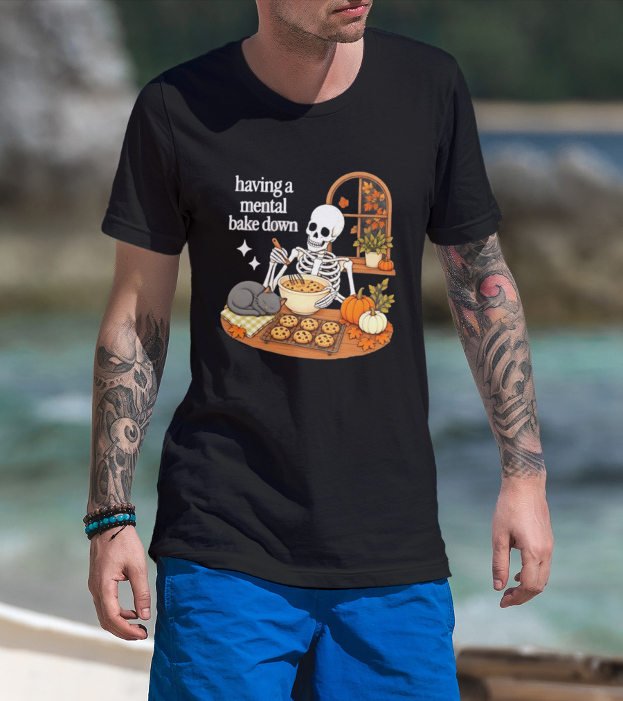 Having A Mental Bake Down Skeleton Baking With Cat And Pumpkins T-Shirt