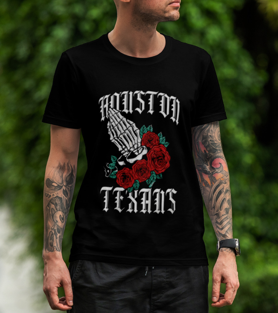 Houston Texans Praying Hands Red Roses Dia De Los Muertos T-Shirt