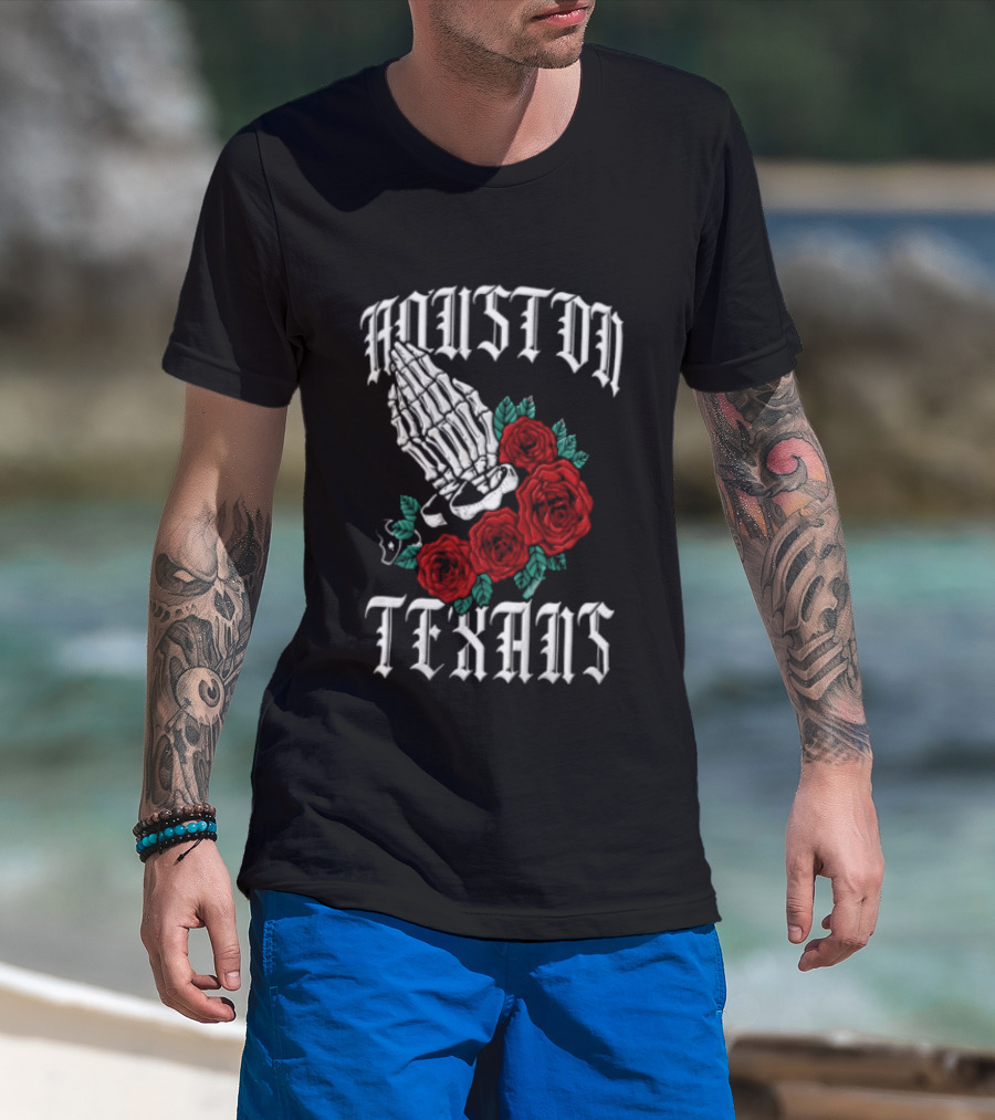 Houston Texans Praying Hands Red Roses Dia De Los Muertos T-Shirt