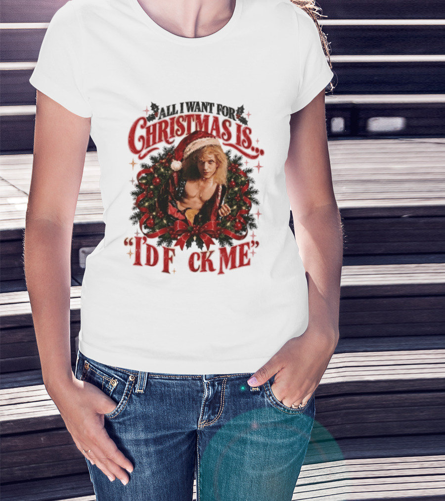 All I Want For Christmas Is I'd Fck Me Santa Hat Wreath Bow T-Shirt
