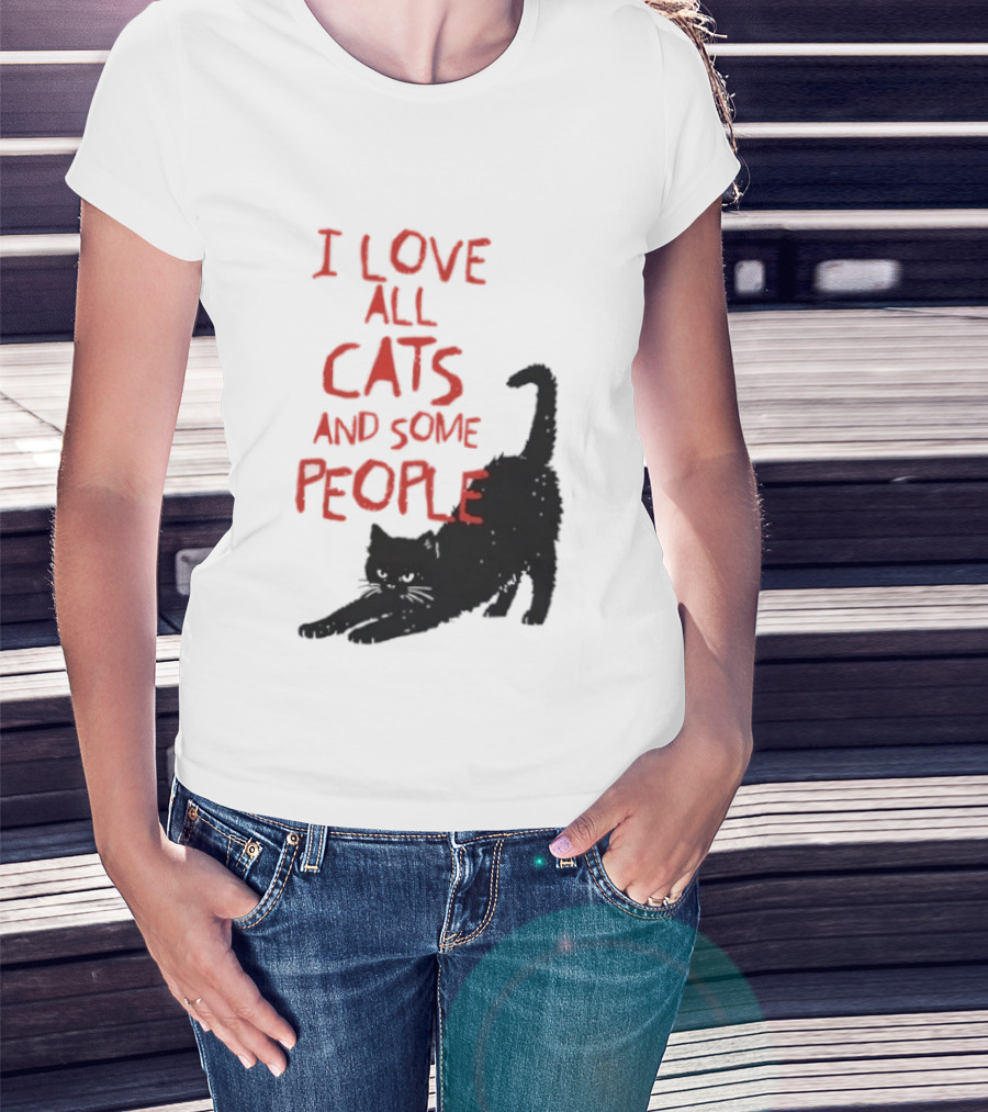 I Love All Cats And Some People Funny Cat Lovers Stretching Black Cat T-Shirt