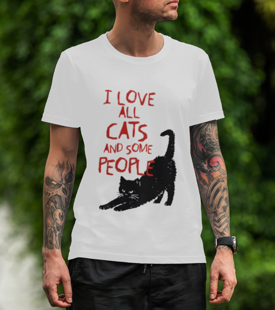I Love All Cats And Some People Funny Cat Lovers Stretching Black Cat T-Shirt