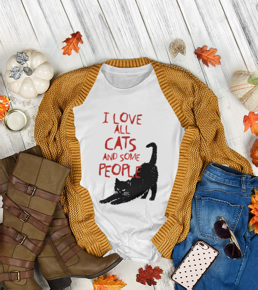 I Love All Cats And Some People Funny Cat Lovers Stretching Black Cat T-Shirt