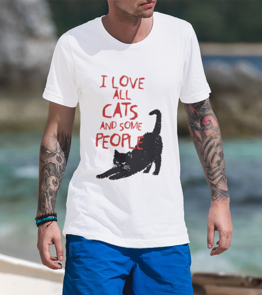 I Love All Cats And Some People Funny Cat Lovers Stretching Black Cat T-Shirt