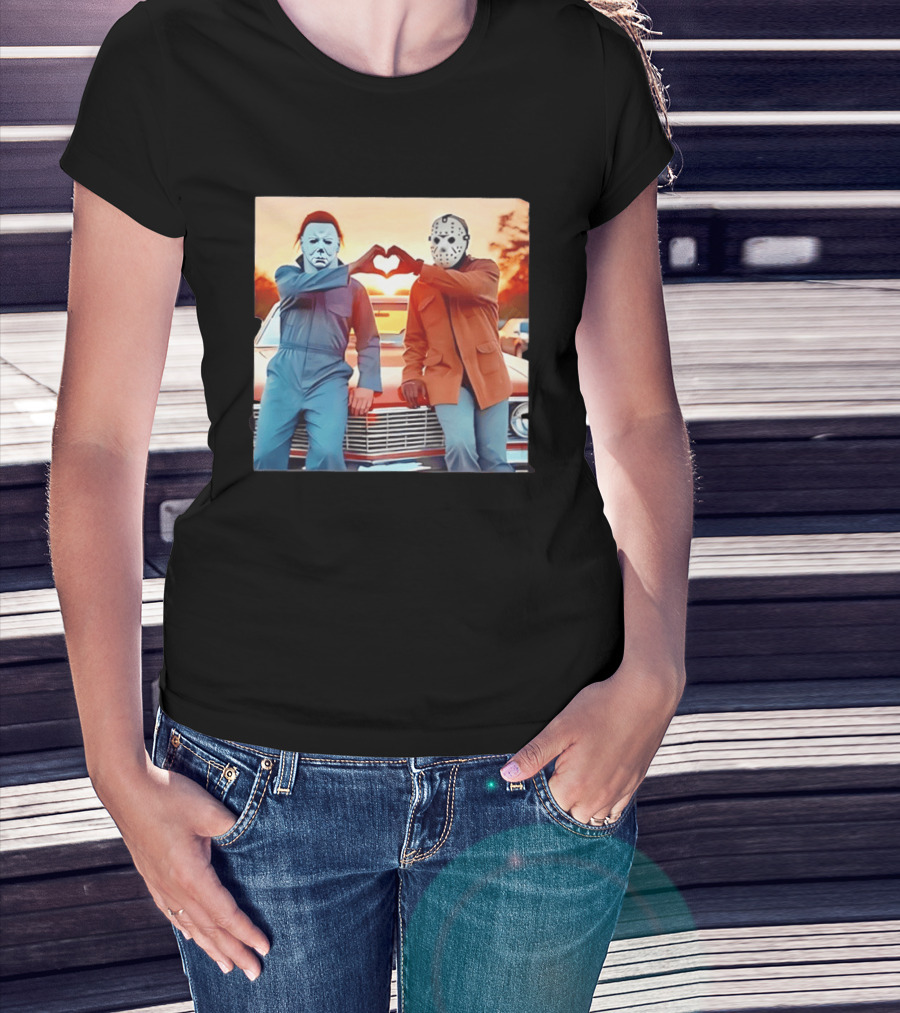 Jason Voorhees Michael Myers Heart Sign Halloween Retro Car Sunset T-Shirt