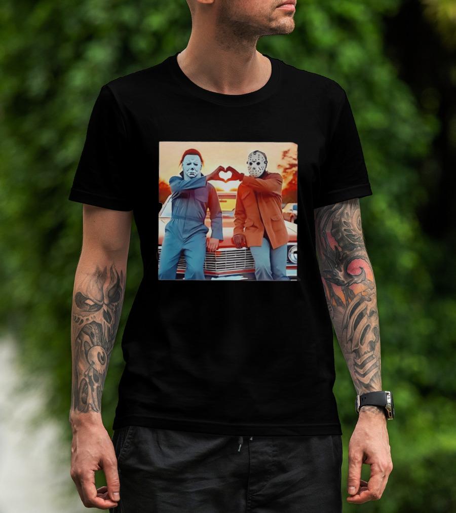 Jason Voorhees Michael Myers Heart Sign Halloween Retro Car Sunset T-Shirt