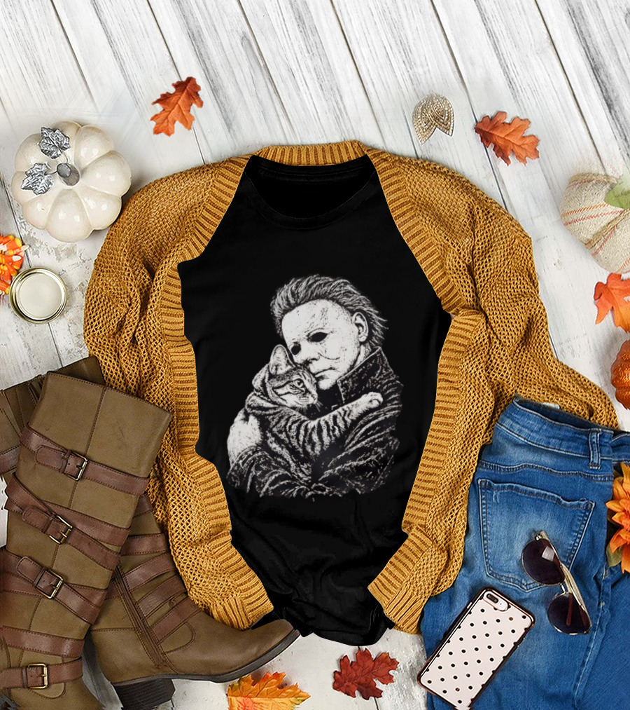 Michael Myers Hugging A Cat Halloween Horror Icon Halloween Cat Lovers T-Shirt