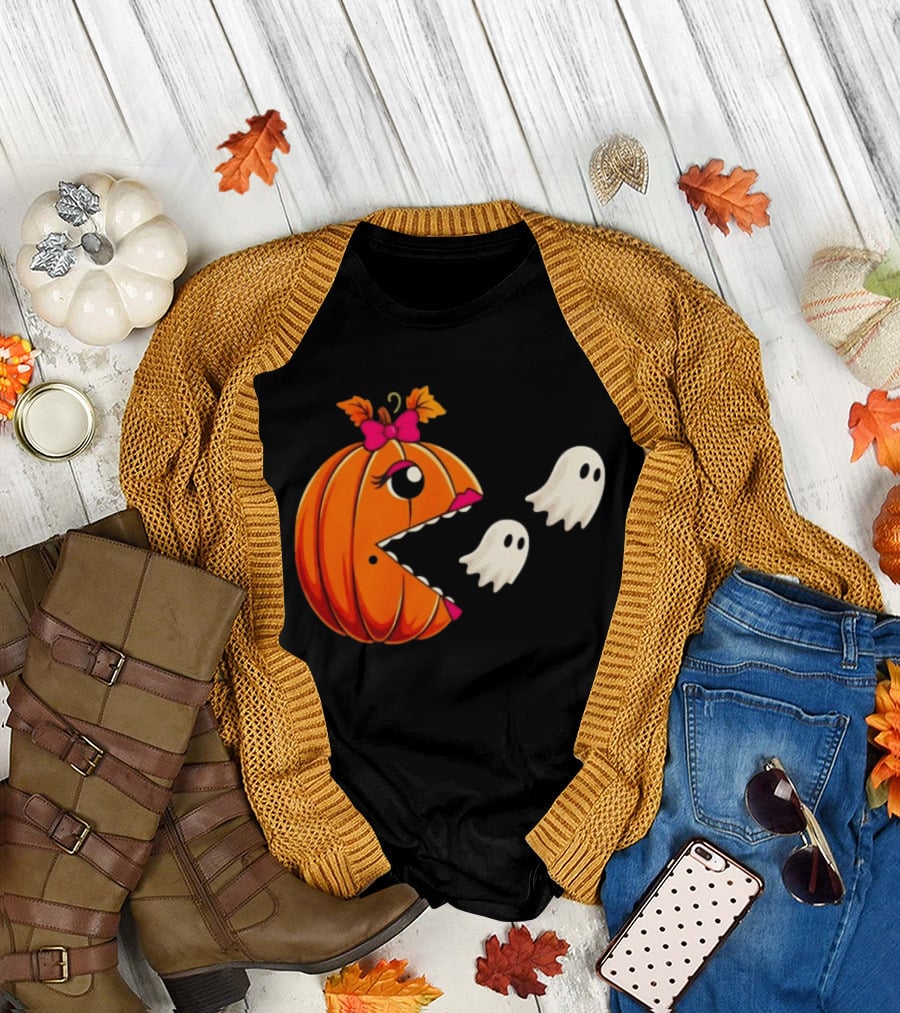 Ms PacMan Pumpkin Ghosts Halloween T-Shirt