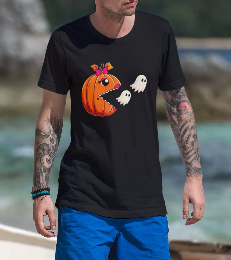 Ms PacMan Pumpkin Ghosts Halloween T-Shirt