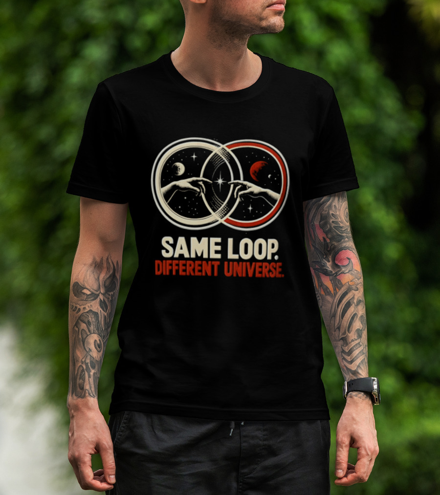 Same Loop Different Universe Intersecting Circles Two Hands Touching Lunar And Starry Night T-Shirt