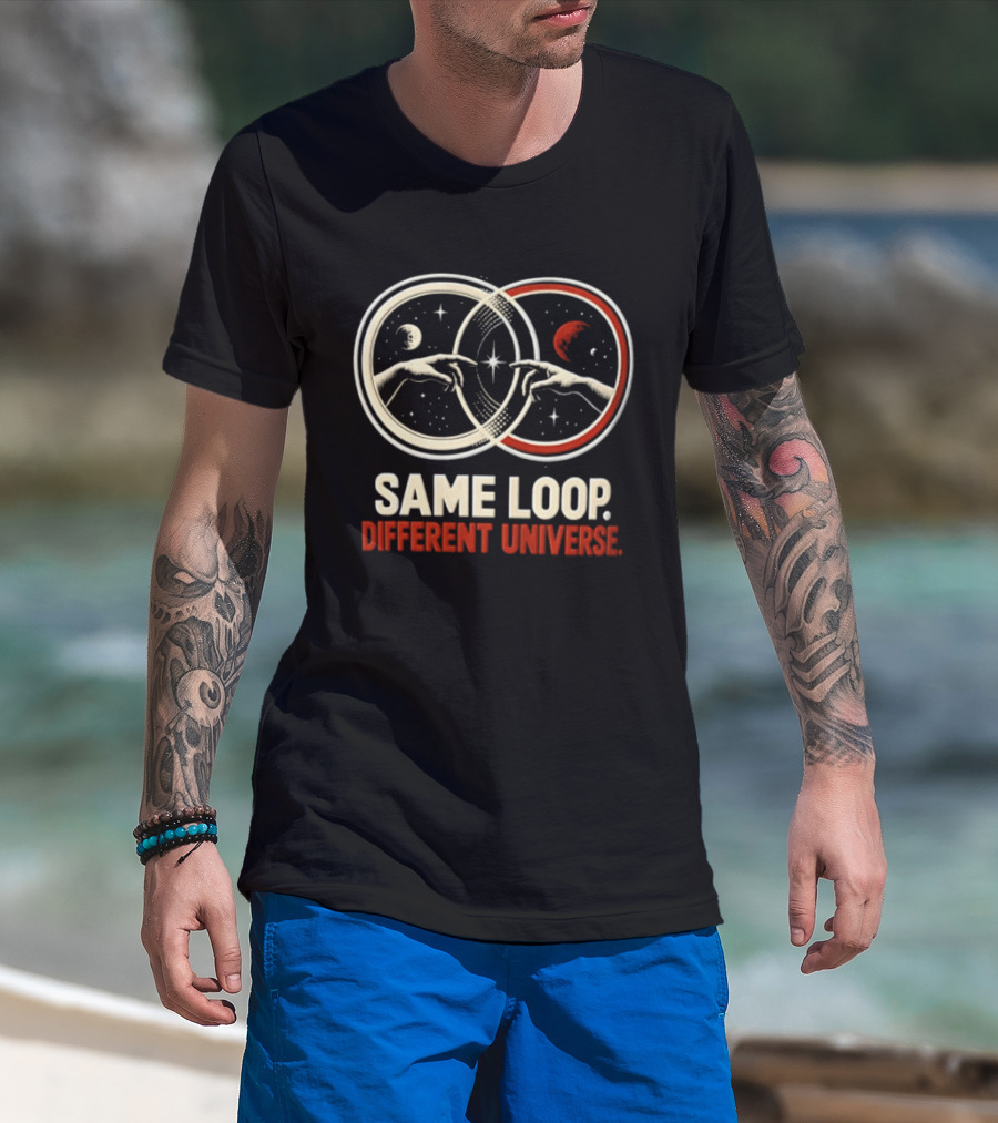 Same Loop Different Universe Intersecting Circles Two Hands Touching Lunar And Starry Night T-Shirt