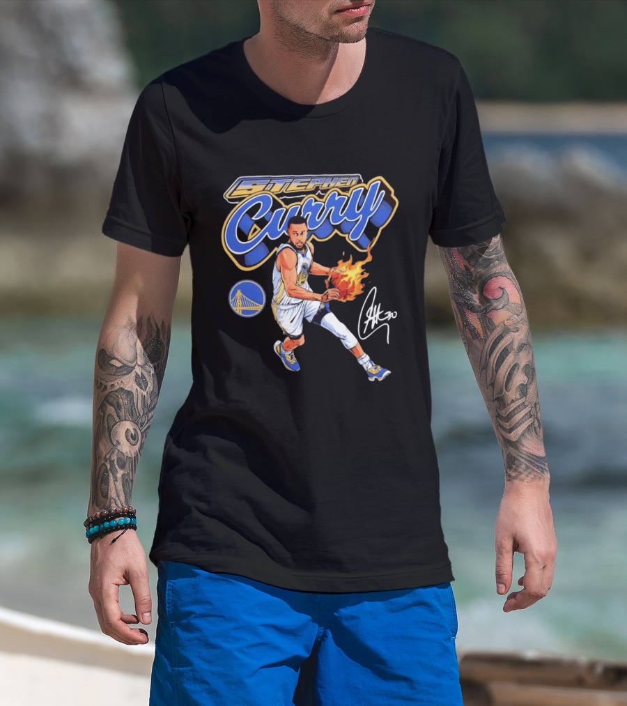 Stephen Curry Golden State Warriors Basketball Player With Flame Ball And Signature T-Shirt