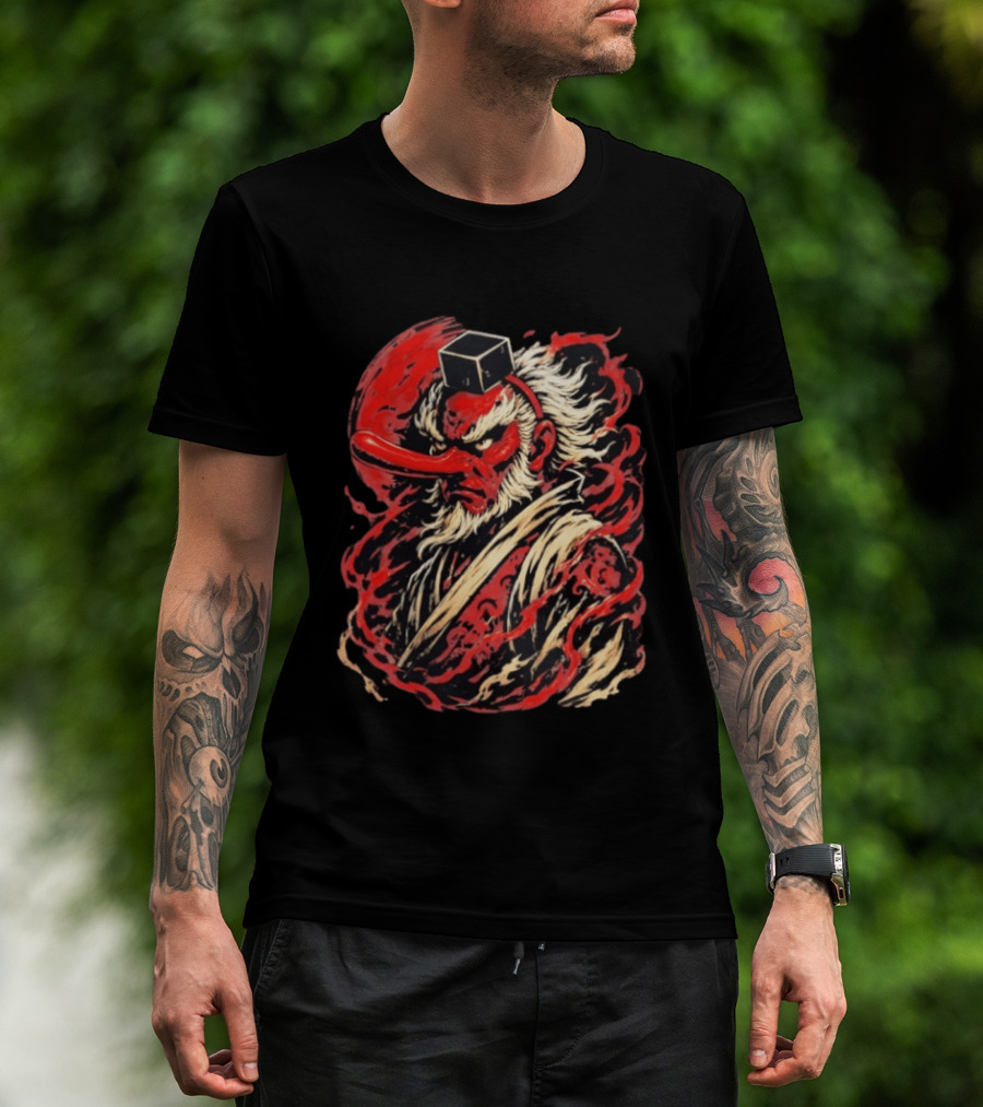 Tengu Japanese Warrior Spirit Mask Mythical Yokai Flame Aura T-Shirt