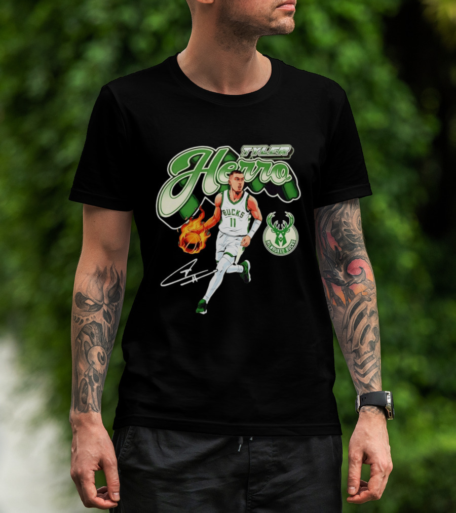 Tyler Herro Milwaukee Bucks Basketball Fireball Cursive Script T-Shirt