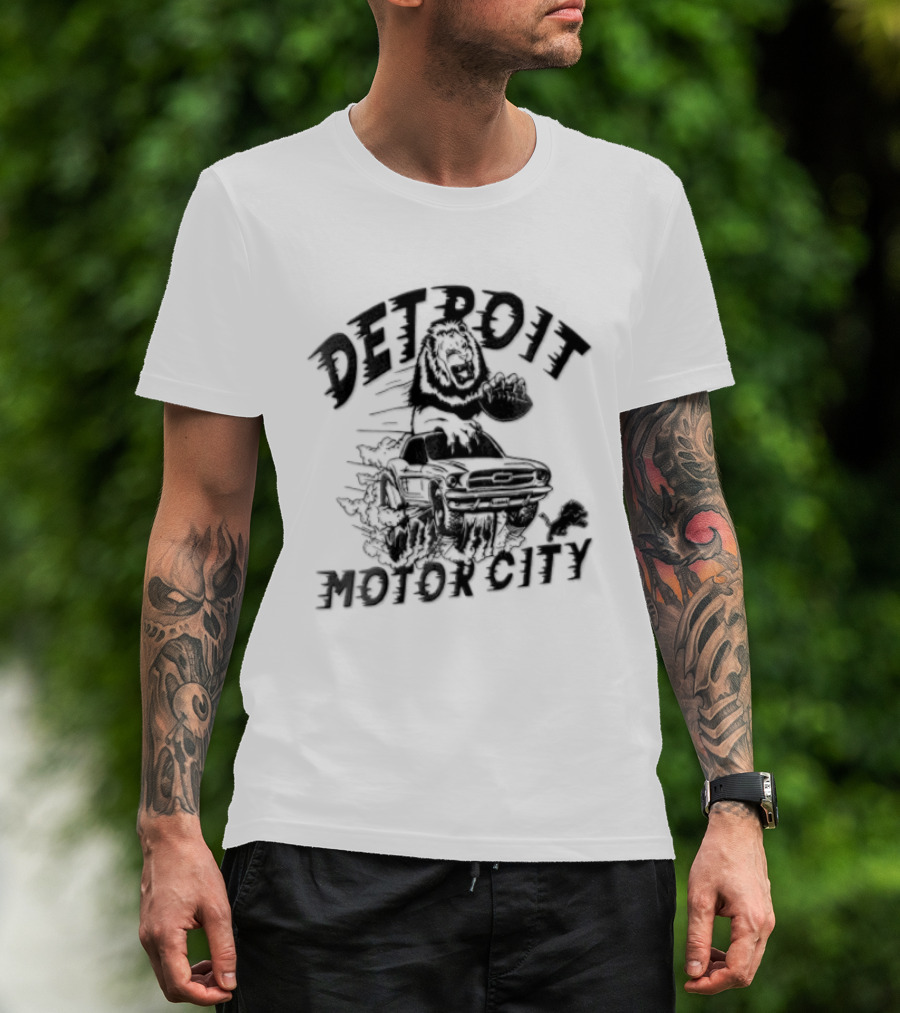 Detroit Lions Motor City Lion Holding Football Driving Car T-Shirt