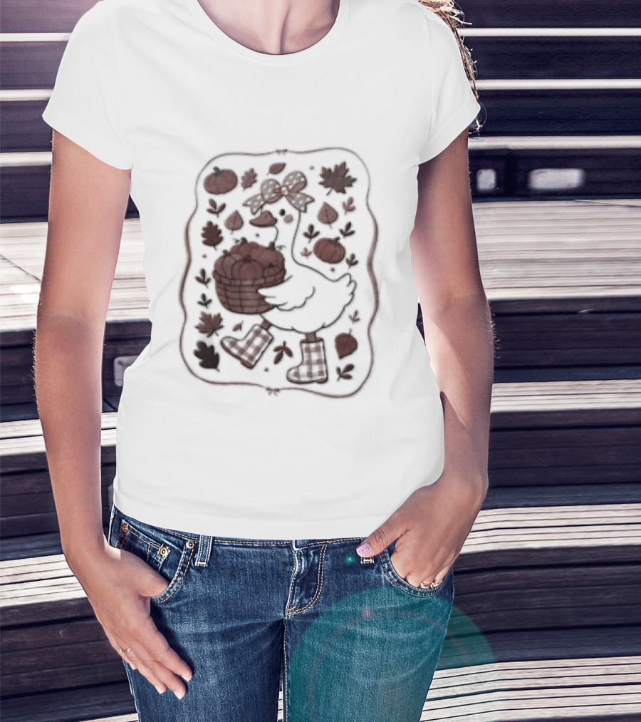 Goose Bow Rain Boots Basket Pumpkins Autumn Leaves T-Shirt