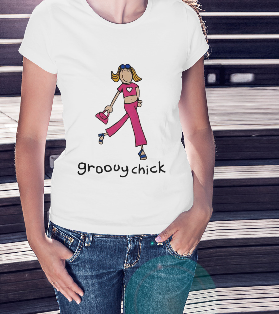 Groovy Chick Cartoon Character With Pink Heart Outfit And Bag T-Shirt