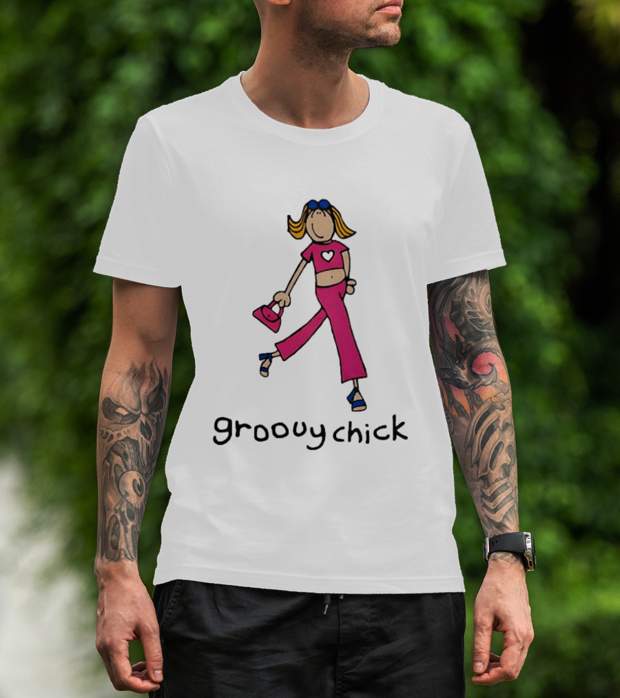 Groovy Chick Cartoon Character With Pink Heart Outfit And Bag T-Shirt