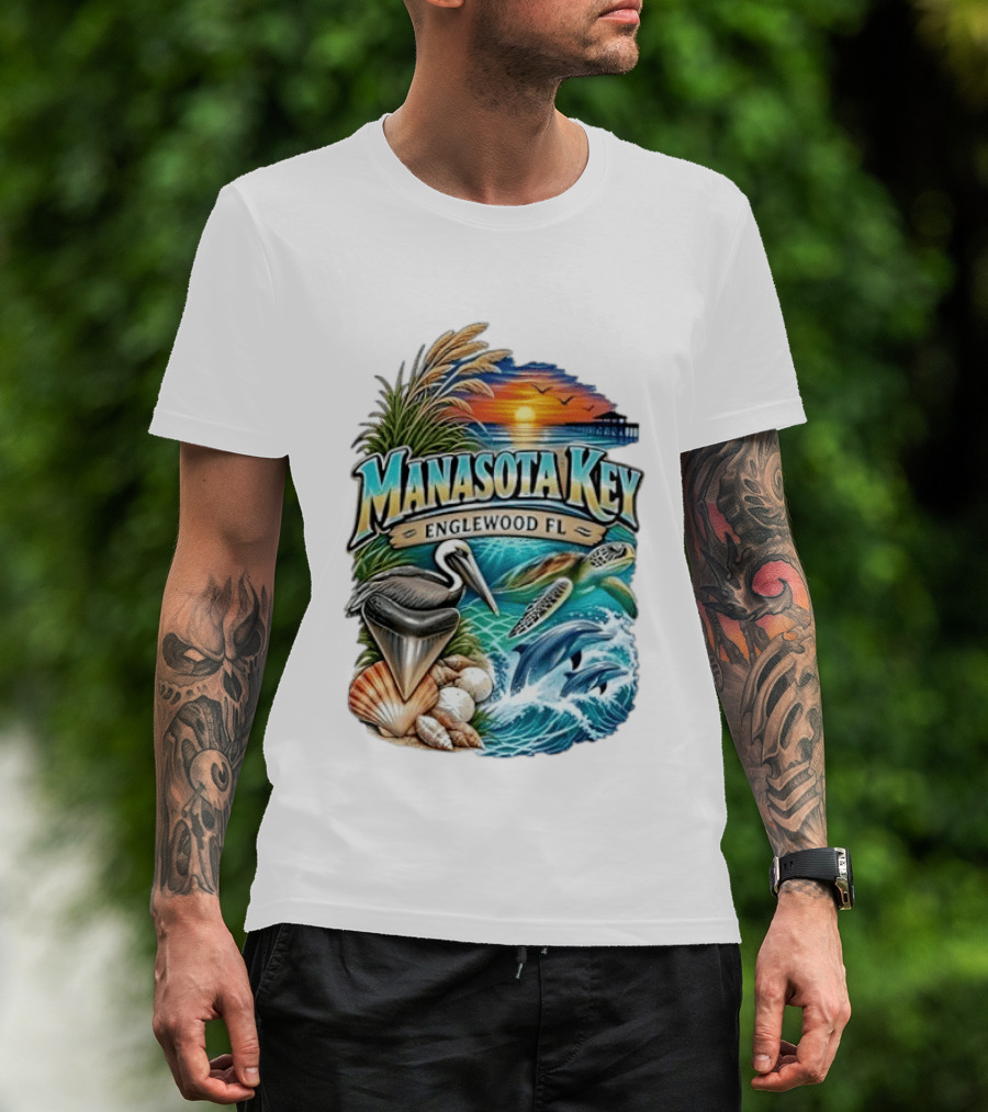 Manasota Key Englewood FL Beach Scene With Pelican Dolphins Shells And Sunset T-Shirt