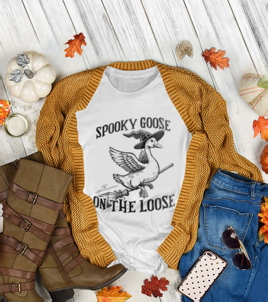 Spooky Goose On The Loose Halloween Witch Hat Broomstick T-Shirt