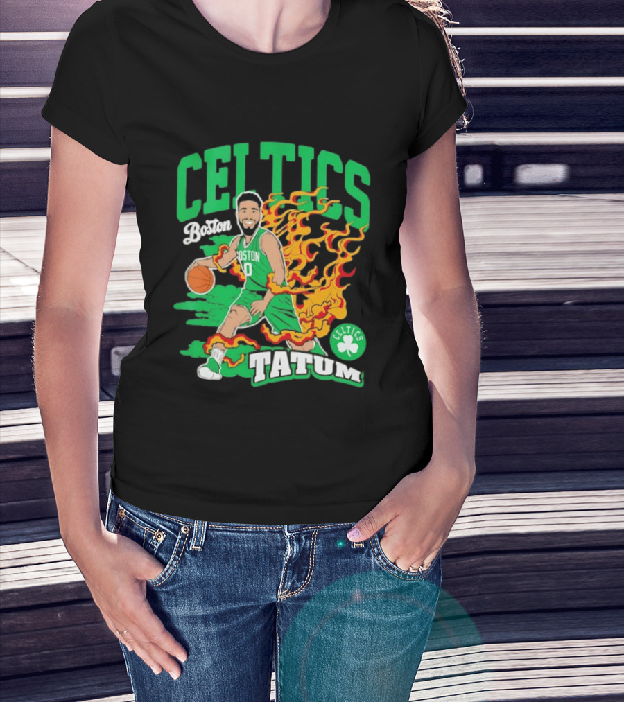 Boston Celtics Jayson Tatum Fired Up Basketball Flames T-Shirt