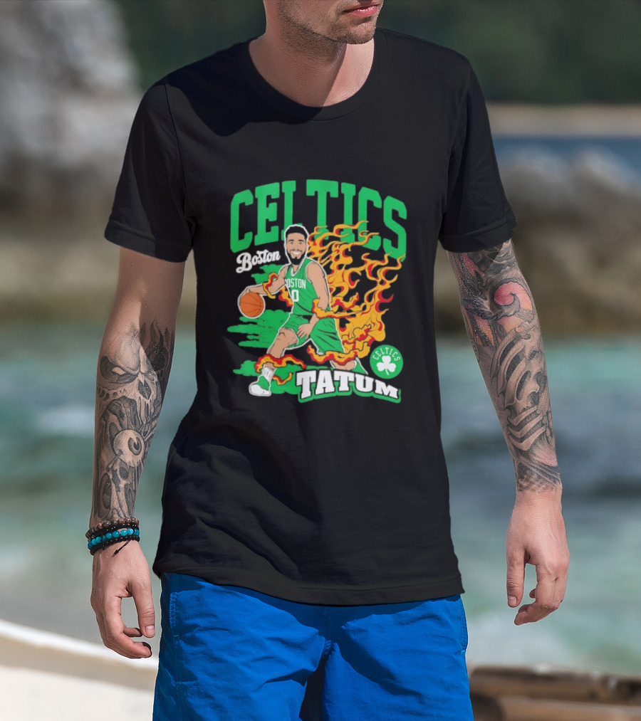 Boston Celtics Jayson Tatum Fired Up Basketball Flames T-Shirt