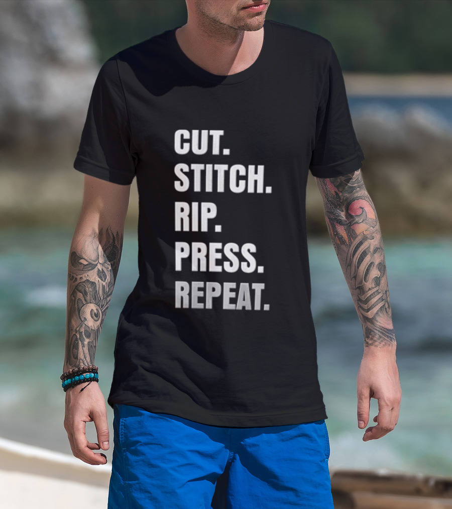 CUT STITCH RIP PRESS REPEAT White Sans Serif T-Shirt