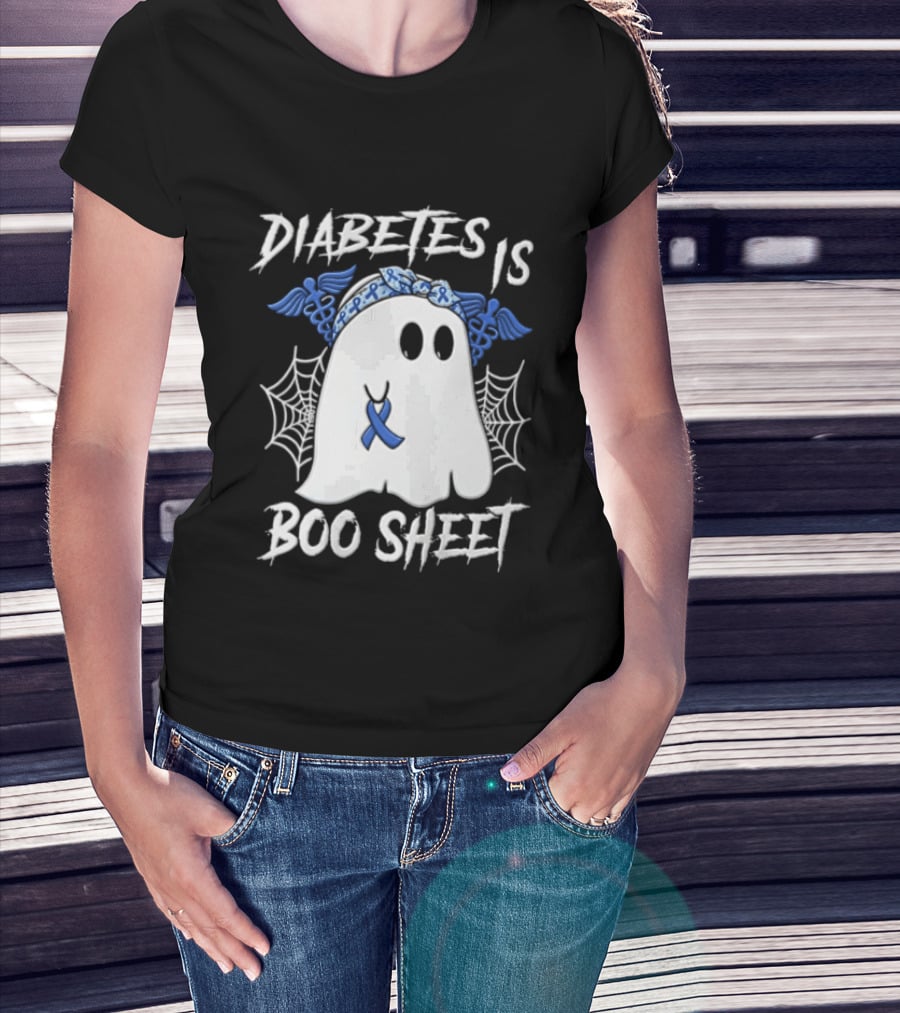 Diabetes IS BOO Sheet Ghost With Blue Ribbon Headband Halloween T-Shirt