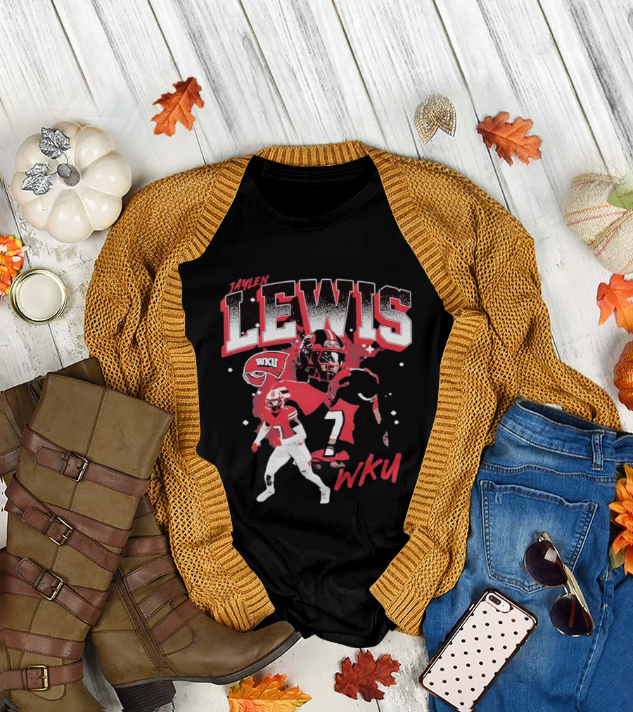 Jaylen Lewis No 7 WKU Football Helmet And Player Action T-Shirt
