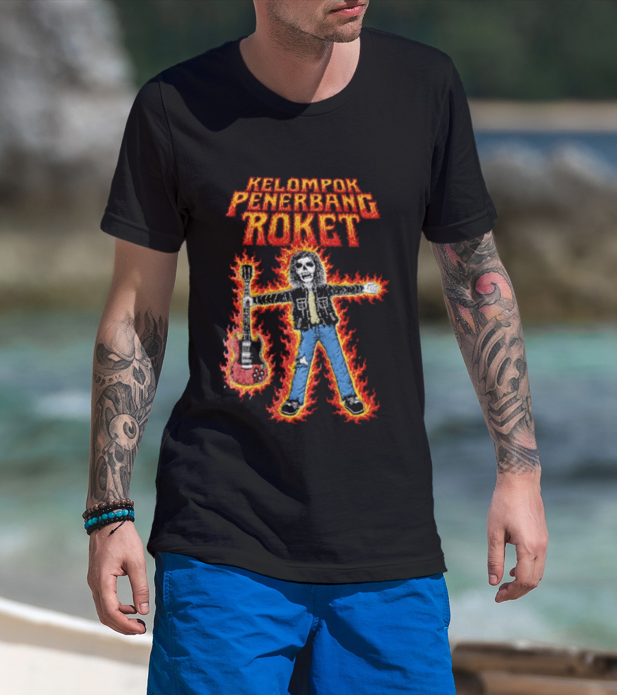 Kelompok Penerbang Roket Skeleton Guitarist In Flames Keegan Records T-Shirt