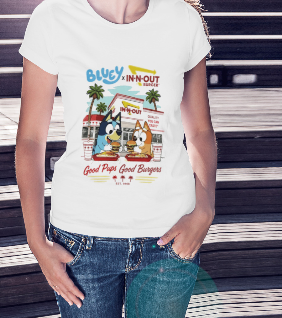 Bluey X In N Out Burger Good Pups Good Burgers Palm Tree Friends Eating T-Shirt