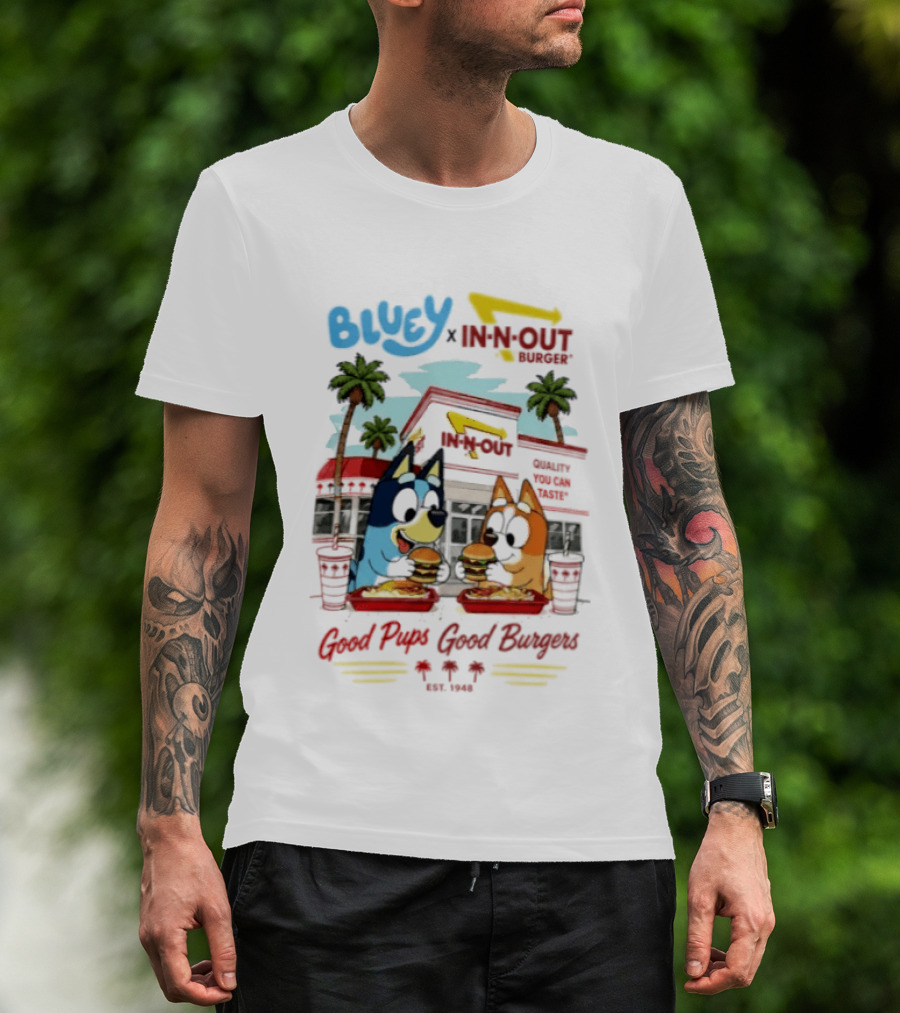 Bluey X In N Out Burger Good Pups Good Burgers Palm Tree Friends Eating T-Shirt