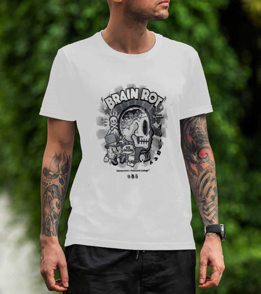 BRAIN ROT Skull Top Hat No Good Text Vintage Cartoon T-Shirt