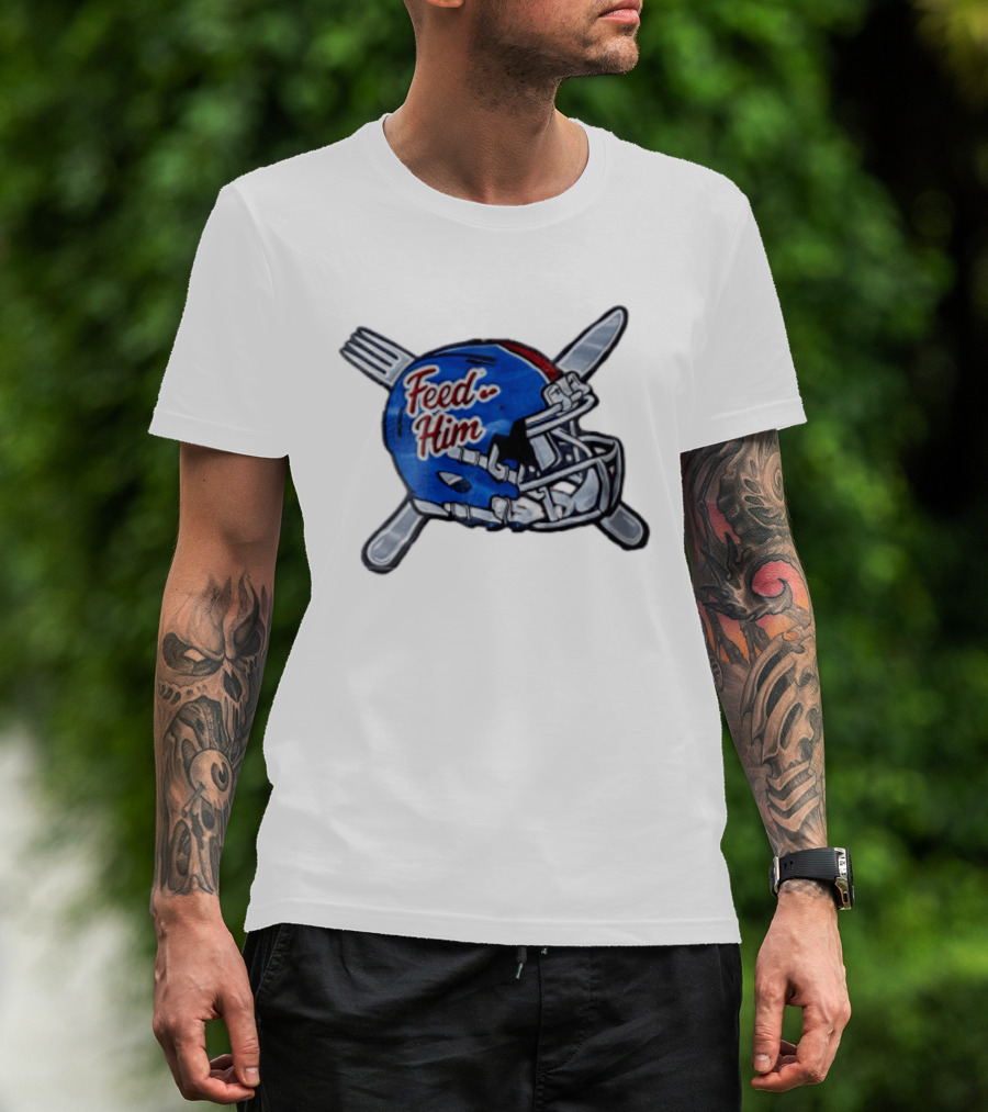 Feed Him Blue Football Helmet Crossed Utensils Fork Knife T-Shirt