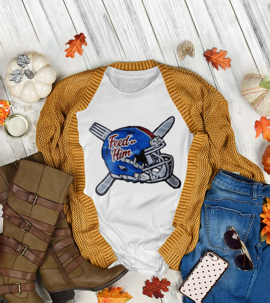 Feed Him Blue Football Helmet Crossed Utensils Fork Knife T-Shirt