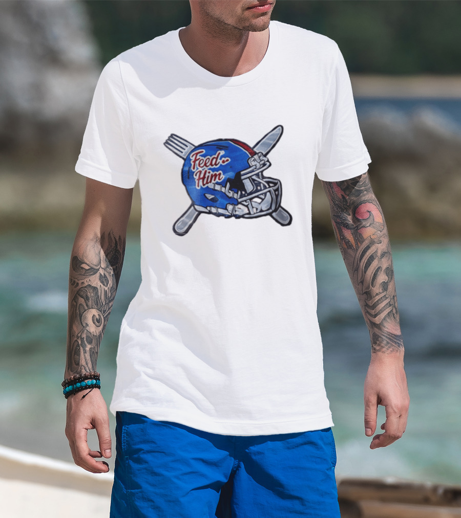 Feed Him Blue Football Helmet Crossed Utensils Fork Knife T-Shirt