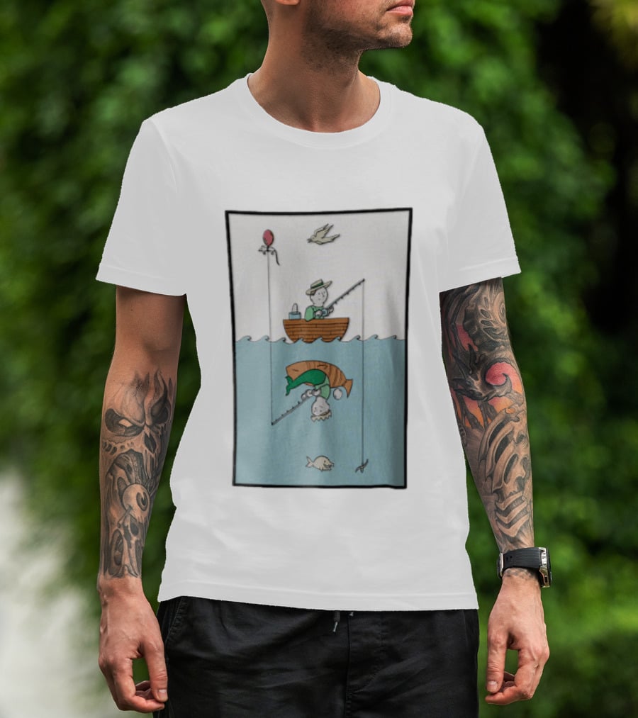 Fisherman In Boat Catching Hidden Mermaid With Fishing Line T-Shirt