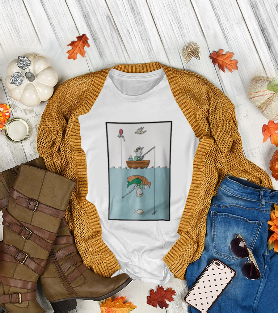 Fisherman In Boat Catching Hidden Mermaid With Fishing Line T-Shirt