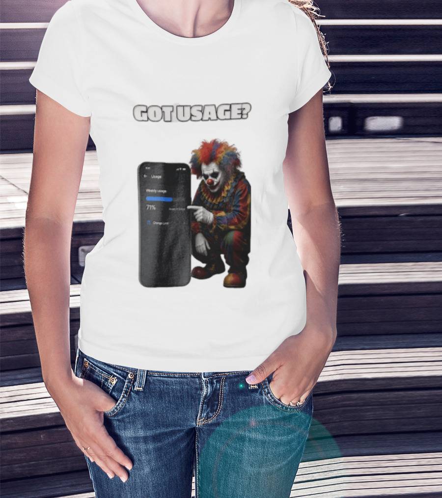 GOT Usage Clown Pointing At Smartphone Screen Weekly Usage 71% T-Shirt