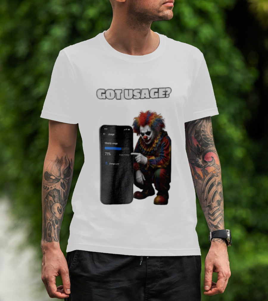 GOT Usage Clown Pointing At Smartphone Screen Weekly Usage 71% T-Shirt