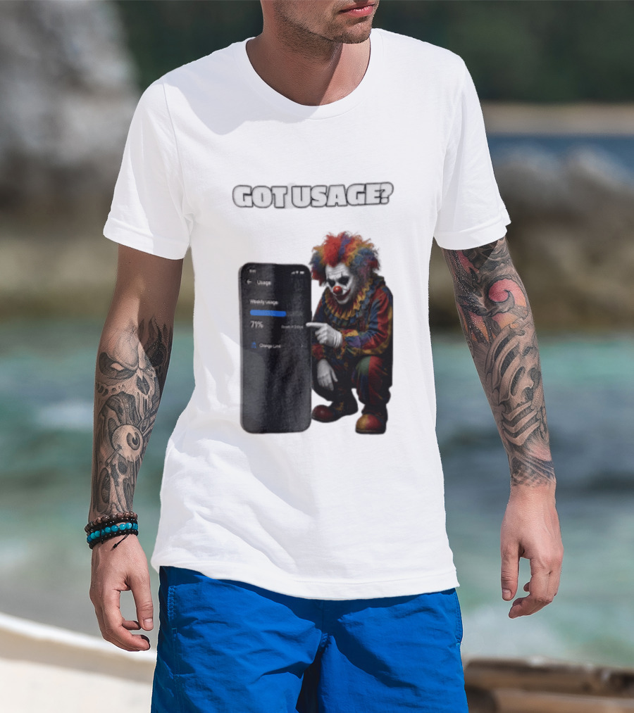 GOT Usage Clown Pointing At Smartphone Screen Weekly Usage 71% T-Shirt